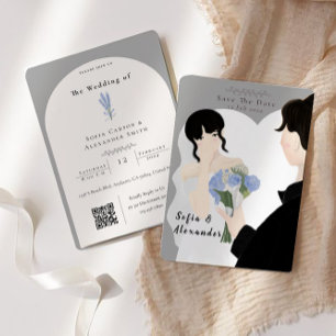 Cute Illustration With QR Code RSVP Wedding  Invitation