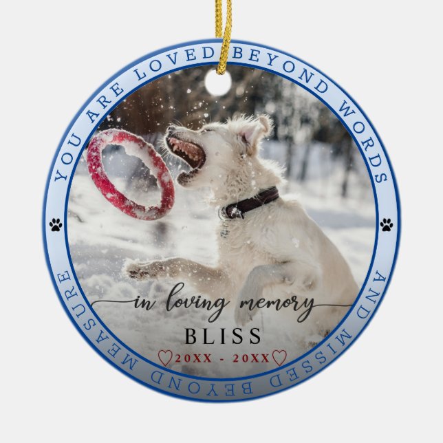 Cute In Loving Memory Pet Photo Paw Print Monogram Ceramic Ornament (Front)