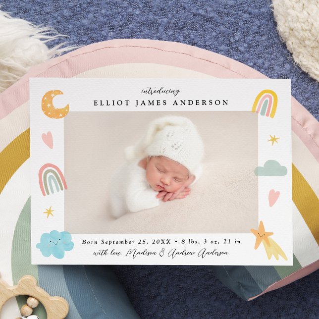 Cute In the Clouds Rainbow & Stars Photo Birth Announcement (Creator Uploaded)