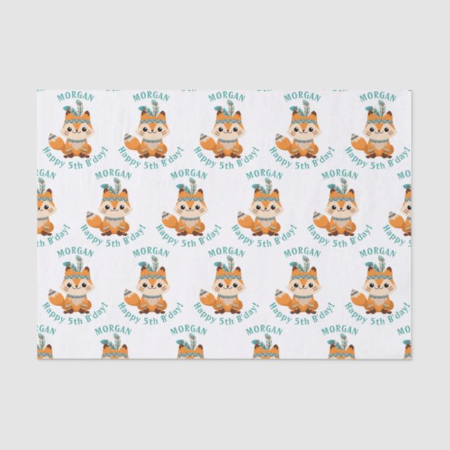 Cute Indian Fox, Personalize Name & Birthday Tissue Paper (Front)