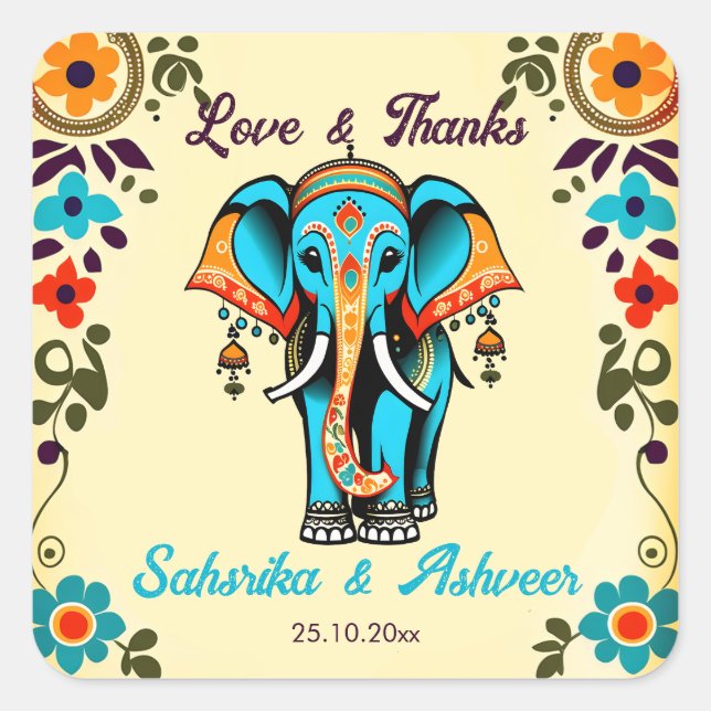Cute Indian wedding elephant thank you favour Square Sticker (Front)