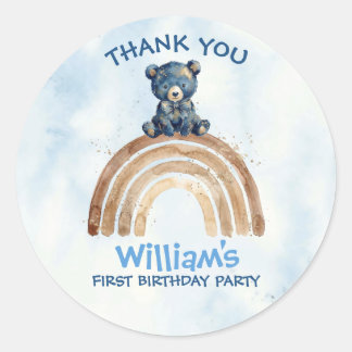 Cute Indigo Watercolor Bear Rainbow Classic Round Sticker