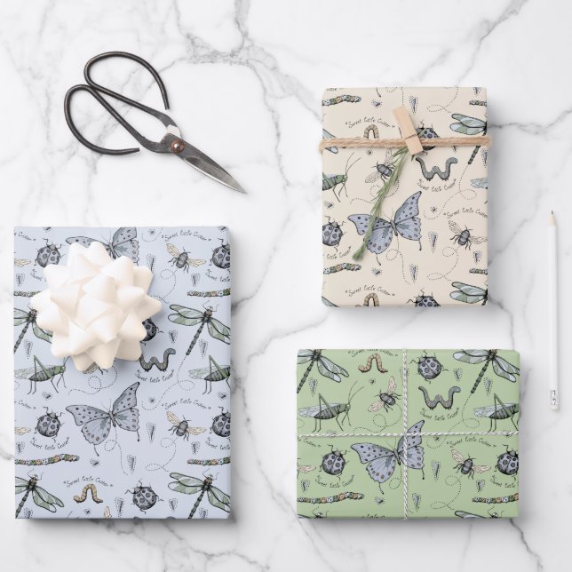Cute Insect Boho Pastels Blue Green Cream Baby Boy Wrapping Paper Sheet (Front)