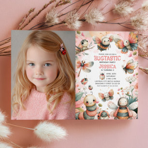 Cute Insects Bugtastic Girl Kids Photo Birthday Invitation