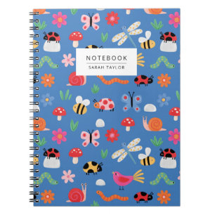 Cute Insects & Nature Pattern in Blue Notebook