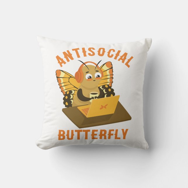 Cute Introvert Aesthetic Antisocial Butterfly Throw Pillow (Front)