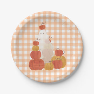 Cute Invisible Halloween Pumpkin Ghost Gingham Paper Plate