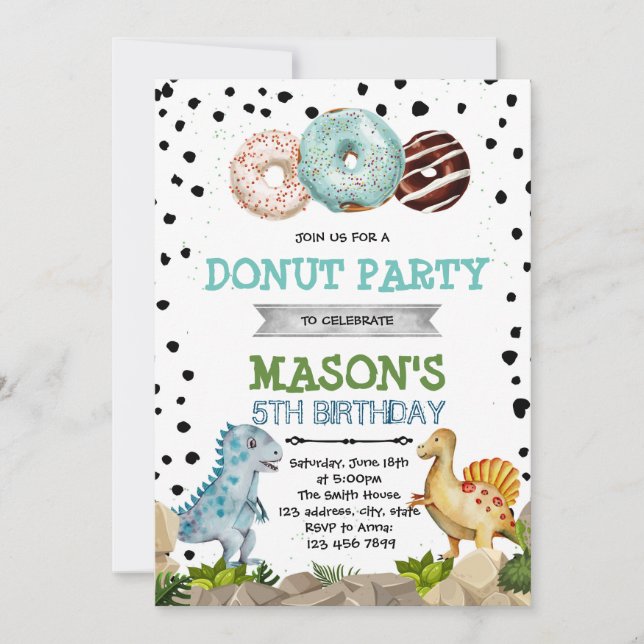 Cute invitation à la fête des beignes dinosaures (Devant)