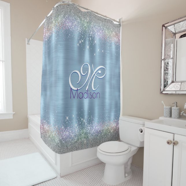 Cute iridescen ice blue faux glitter monogram (In Situ)