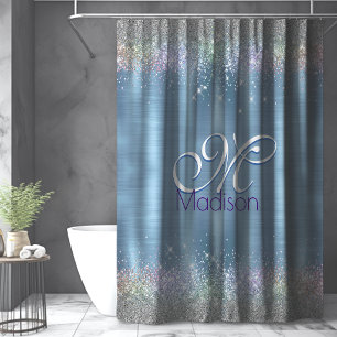 Cute iridescen ice blue faux glitter monogram