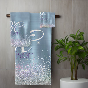 Cute iridescen ice blue faux glitter monogram bath towel set