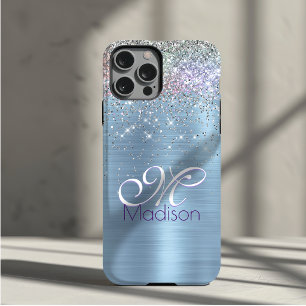 Cute iridescen ice blue faux glitter monogram iPhone 11 pro case