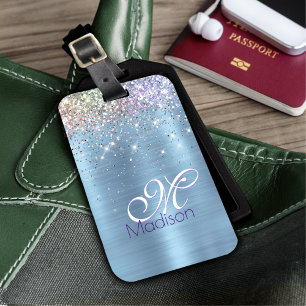 Cute iridescen ice blue faux glitter monogram luggage tag