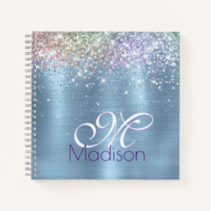 Cute iridescen ice blue faux glitter monogram notebook