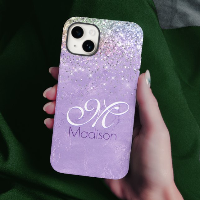 Cute iridescen lilac purple faux glitter monogram Case-Mate iPhone case (Creator Uploaded)