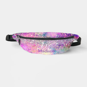 Cute iridescen silver faux glitter monogram fanny pack