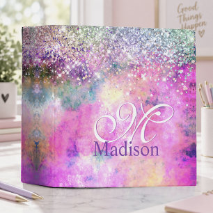 Cute iridescen silver faux glitter monogram notebo binder