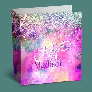 Cute iridescen silver faux glitter monogram notebo binder