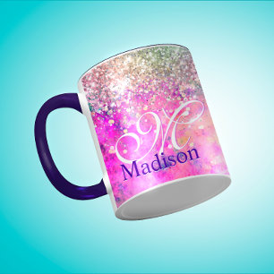 Cute iridescen silver faux glitter monogram notebo mug