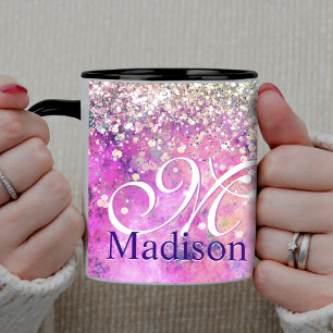 Cute iridescen silver faux glitter monogram notebo mug