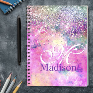 Cute iridescen silver faux glitter monogram notebo notebook