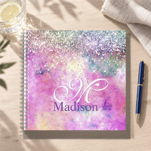 Cute iridescen silver faux glitter monogram notebo notebook