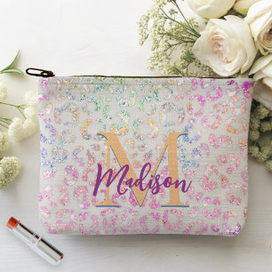 Cute iridescent Animal print glitter monogram Accessory Pouch