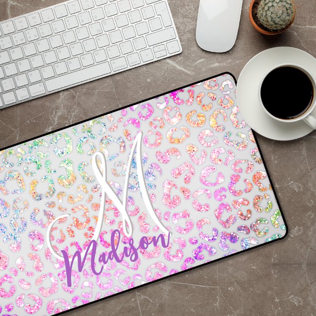 Cute iridescent Animal print glitter monogram Desk Mat (Creator Uploaded)
