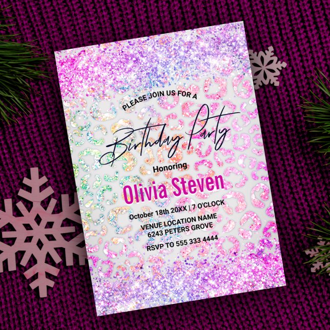 Cute iridescent Animal print glitter monogram Invitation (Creator Uploaded)