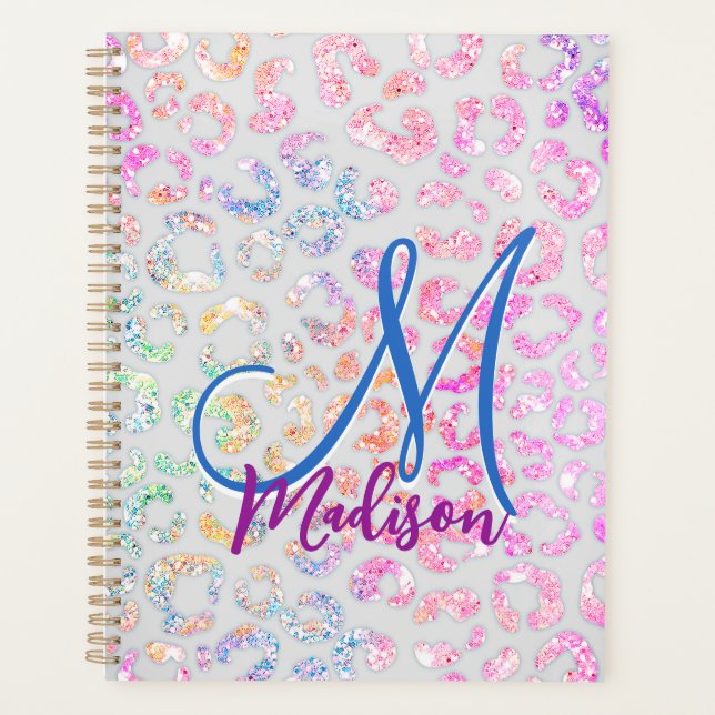 Cute iridescent Animal print glitter monogram Planner (Front)