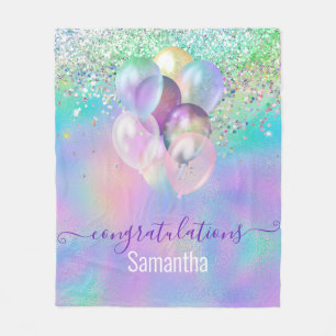 Cute iridescent blue glitter ballons monogram  fleece blanket