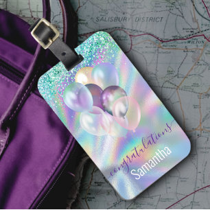 Cute iridescent blue glitter ballons monogram luggage tag