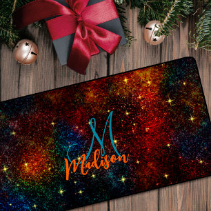 Cute iridescent colourful faux glitter monogram desk mat