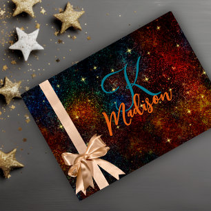 Cute iridescent colourful faux glitter monogram wrapping paper sheet