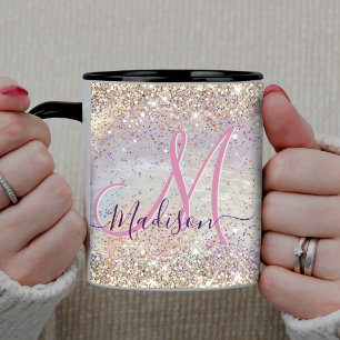 Cute iridescent faux gold glitter monogram mug