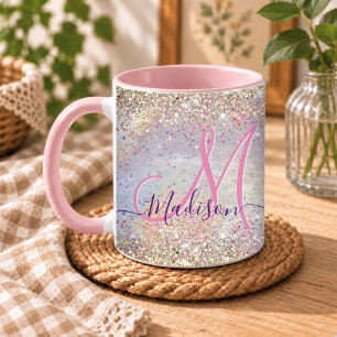 Cute iridescent faux gold glitter monogram mug