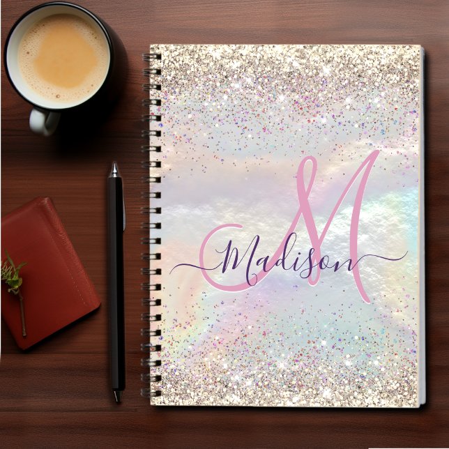 Cute iridescent faux gold glitter monogram notebook (Creator Uploaded)