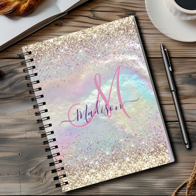 Cute iridescent faux gold glitter monogram notebook (Creator Uploaded)