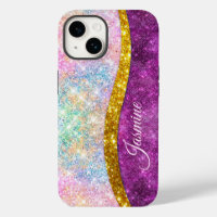 Cute iridescent fuchsia gold faux glitter monogram