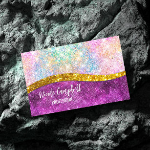 Cute iridescent fuchsia gold faux glitter monogram 	Magnetic business card