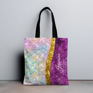 Cute iridescent fuchsia gold faux glitter monogram tote bag