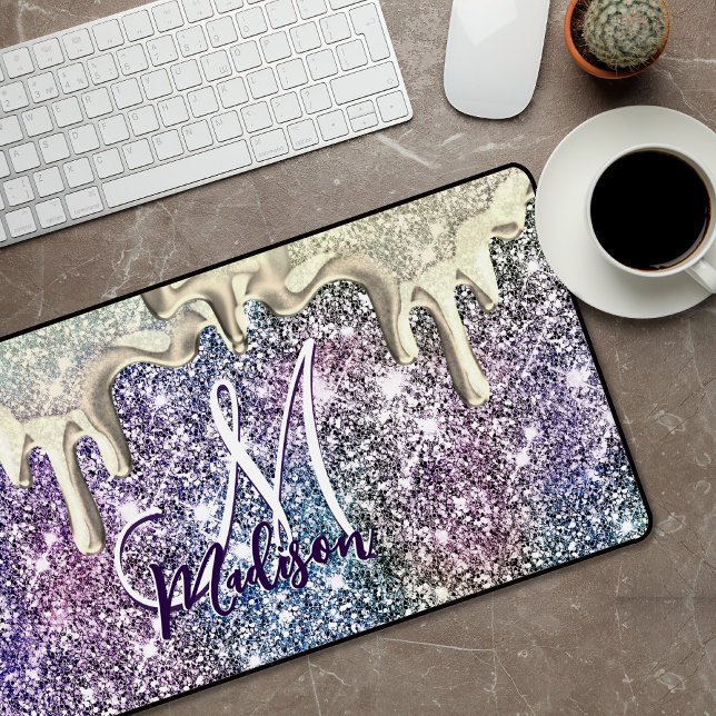 Cute iridescent gold purple glitter drips monogram desk mat (Creator Uploaded)