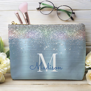 Cute iridescent ice blue glitter monogram accessory pouch