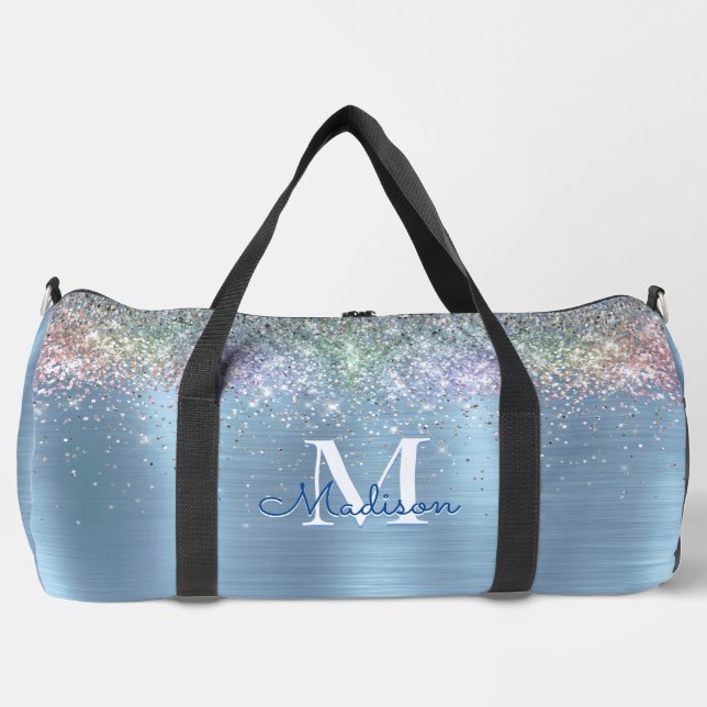 Cute iridescent ice blue glitter monogram  printed duffle bag (Front)