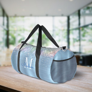 Cute iridescent ice blue glitter monogram printed duffle bag