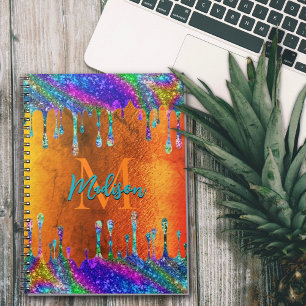 Cute iridescent orange Glitter Drips monogram Notebook