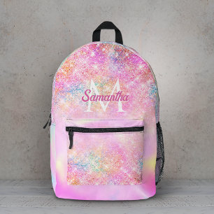 Cute iridescent pink ombre glitter monogram printed backpack