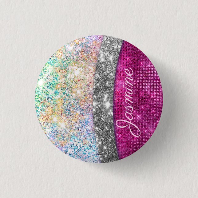 Cute iridescent pink silver faux glitter monogram 1 inch round button (Front)