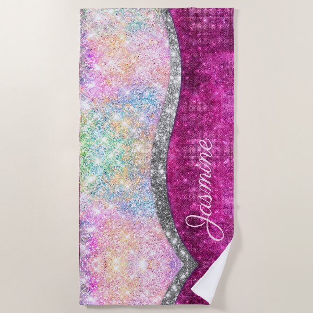 Cute iridescent pink silver faux glitter monogram beach towel (Front)