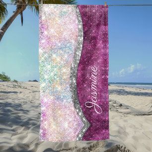 Cute iridescent pink silver faux glitter monogram beach towel